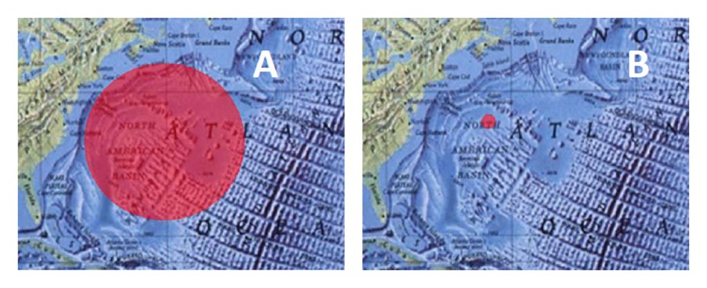 Portée de communication des baleines avec et sans traffic maritime. Source : Okeanos Foundation 2008